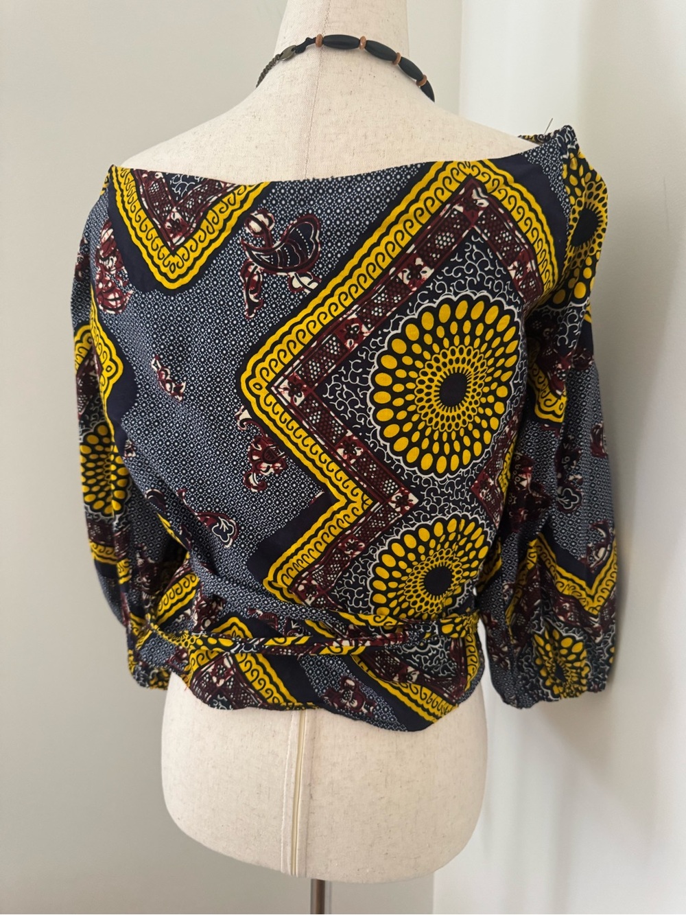Vintage African Wax Print Wrap Top Puff Sleeve Boho Blouse - Picture 6 of 10